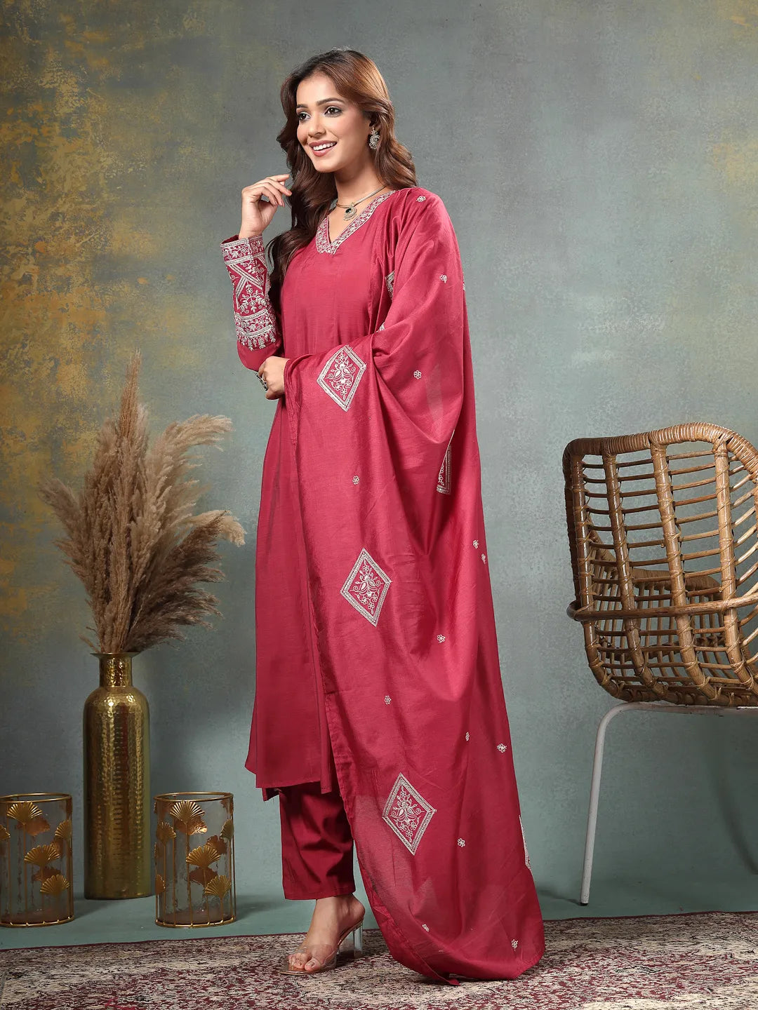 Maroon Zari Work A-Line Chanderi Silk Kurta Trouser Dupatta Set-Yufta Store-6758SKDMRM