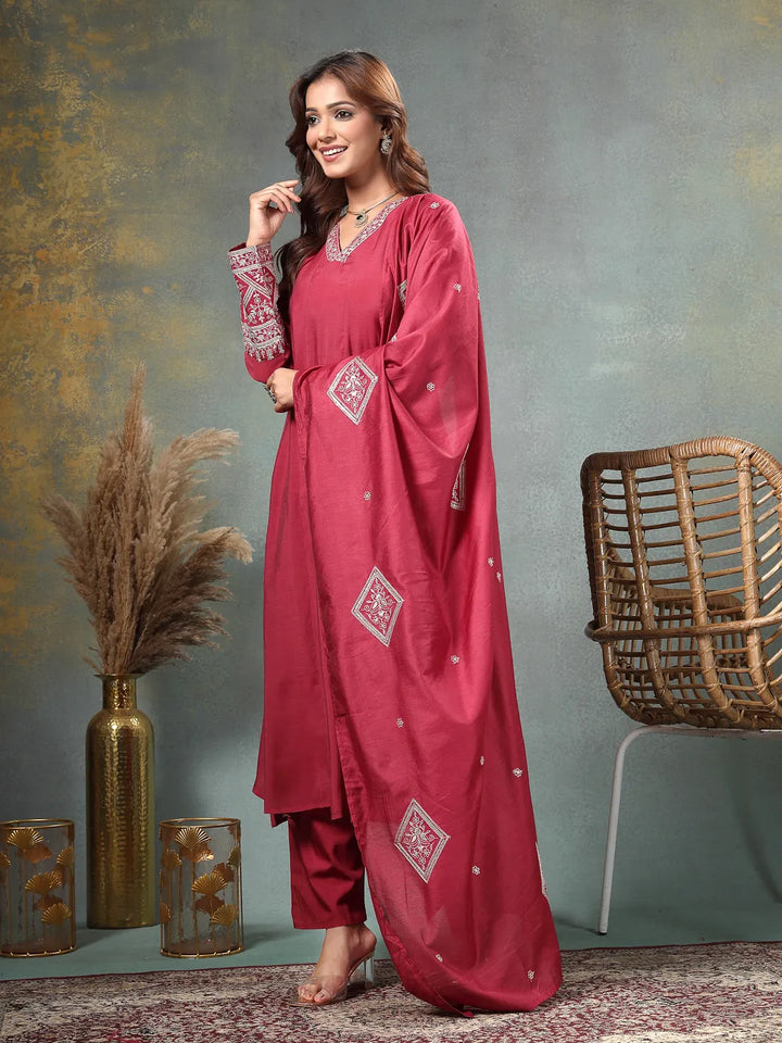 Maroon Zari Work A-Line Chanderi Silk Kurta Trouser Dupatta Set-Yufta Store-6758SKDMRM