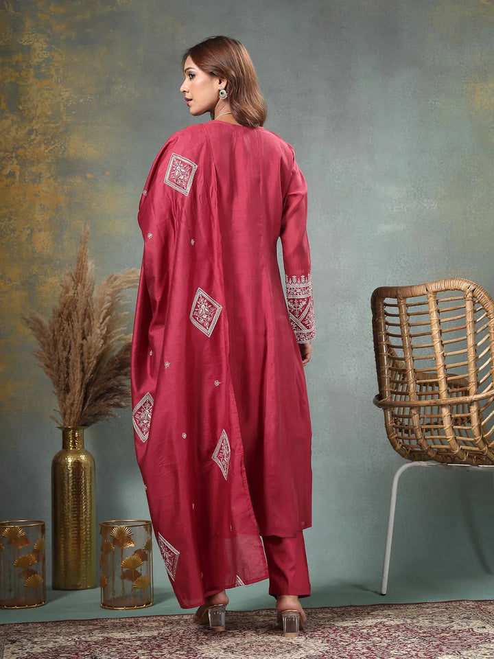 Maroon Zari Work A-Line Chanderi Silk Kurta Trouser Dupatta Set-Yufta Store-6758SKDMRM