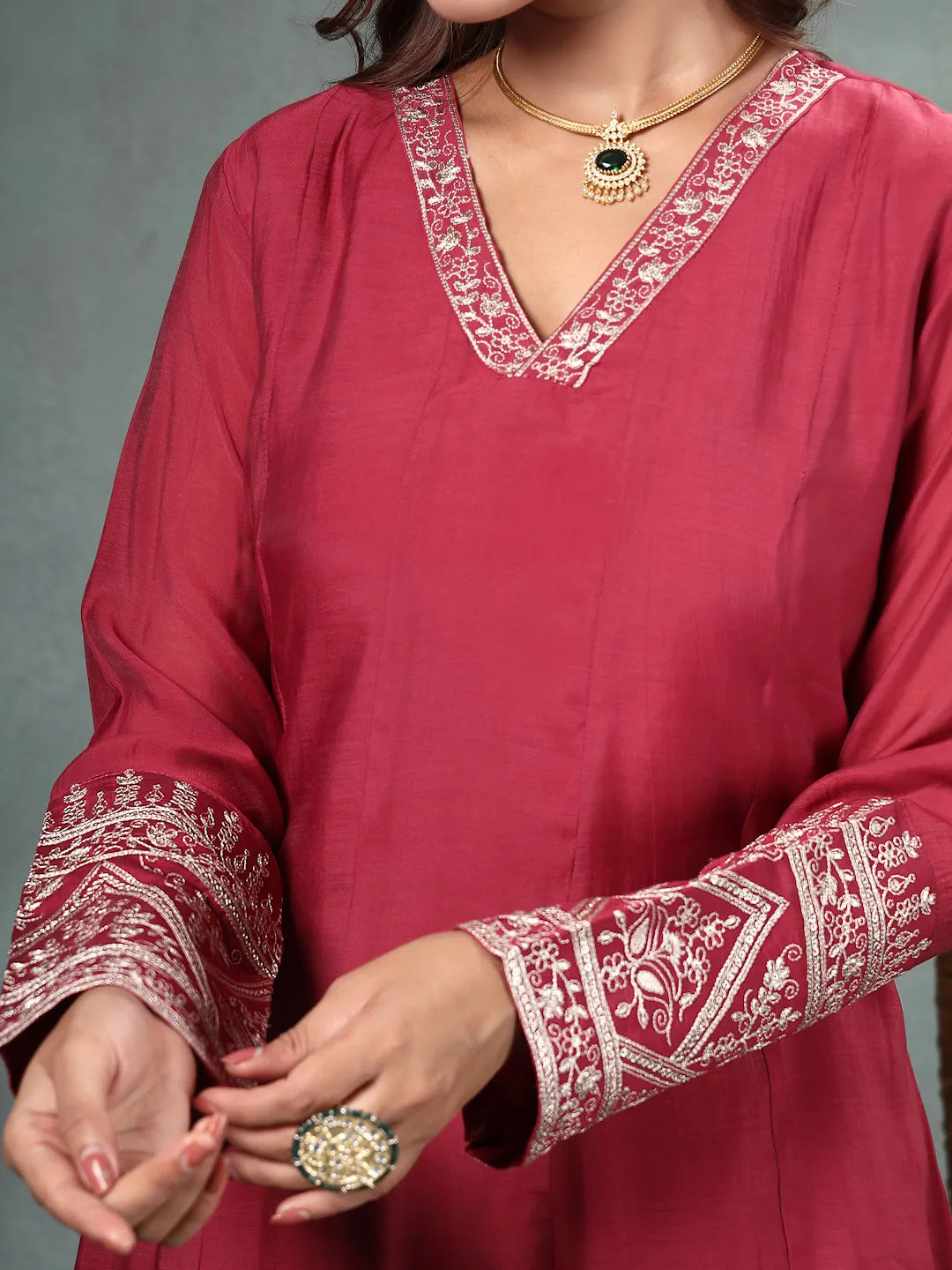 Maroon Zari Work A-Line Chanderi Silk Kurta Trouser Dupatta Set-Yufta Store-6758SKDMRM