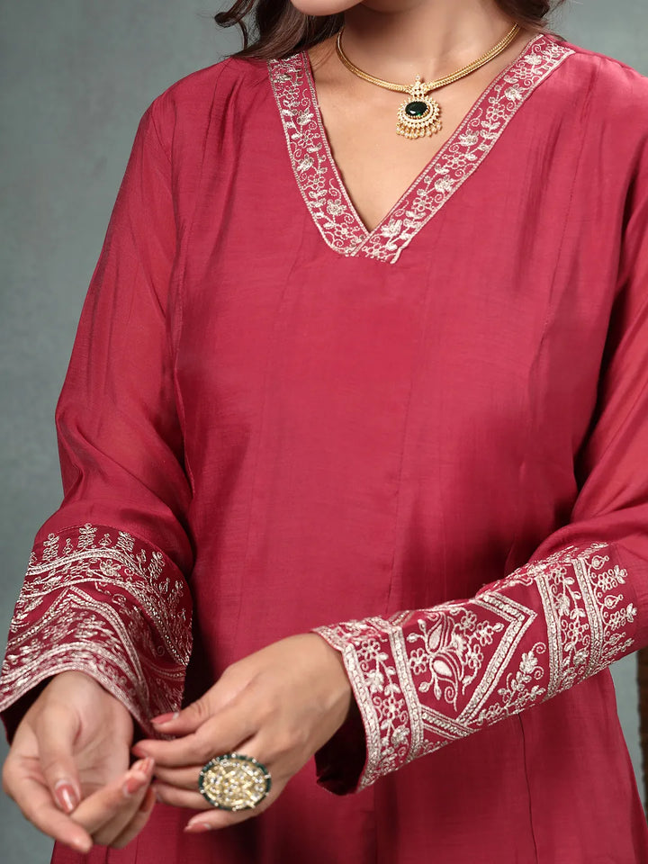 Maroon Zari Work A-Line Chanderi Silk Kurta Trouser Dupatta Set-Yufta Store-6758SKDMRM