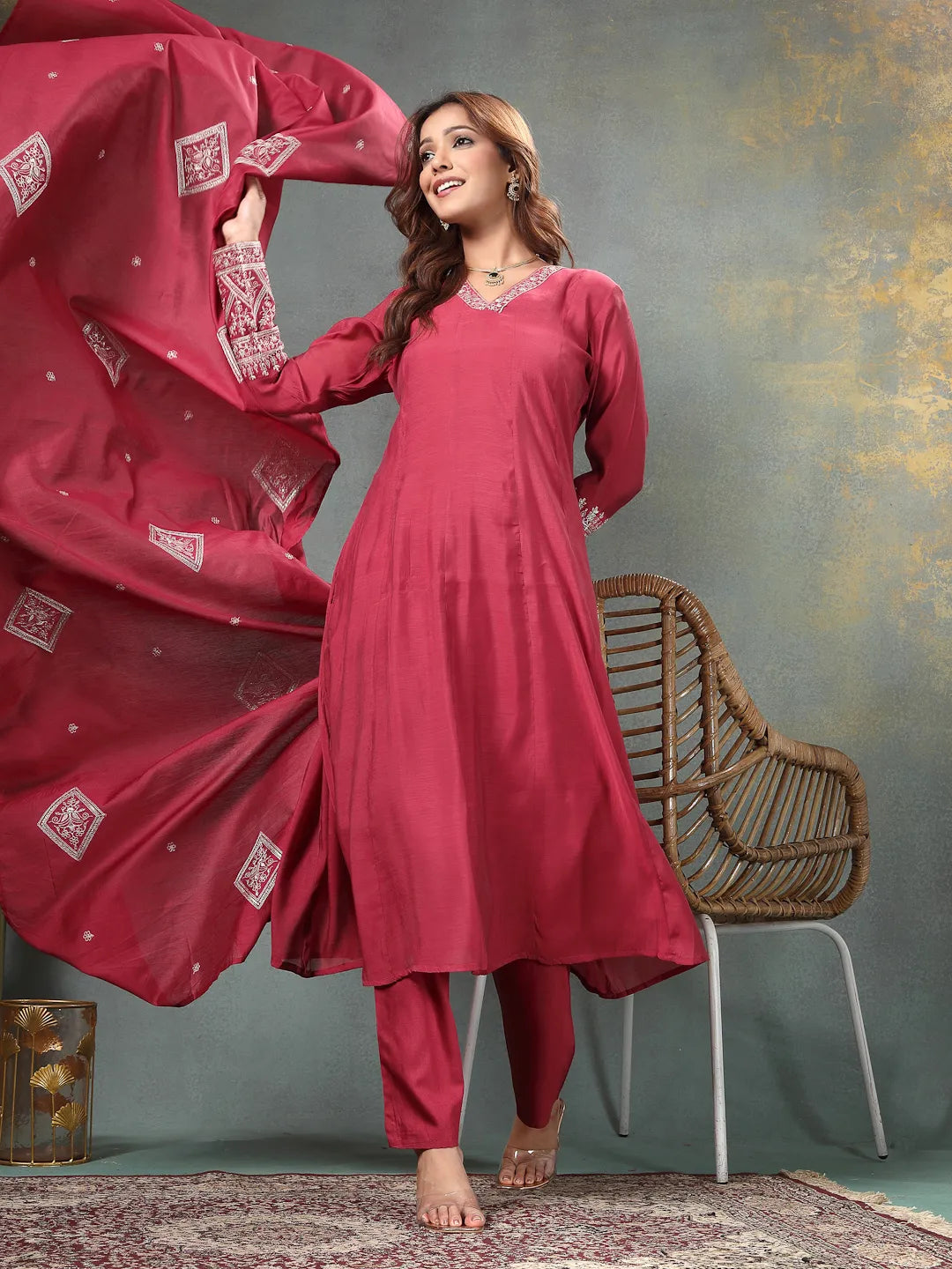 Maroon Zari Work A-Line Chanderi Silk Kurta Trouser Dupatta Set-Yufta Store-6758SKDMRM