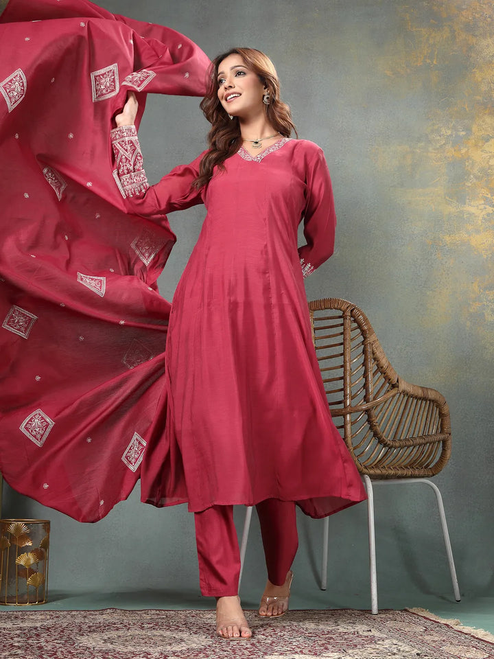 Maroon Zari Work A-Line Chanderi Silk Kurta Trouser Dupatta Set-Yufta Store-6758SKDMRM