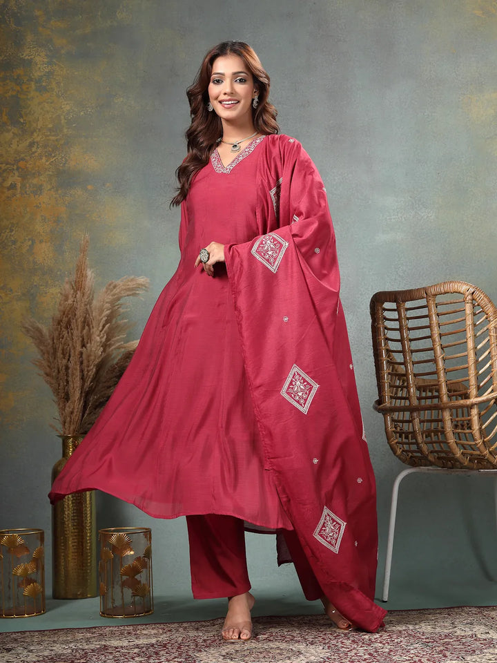 Maroon Zari Work A-Line Chanderi Silk Kurta Trouser Dupatta Set-Yufta Store-6758SKDMRM