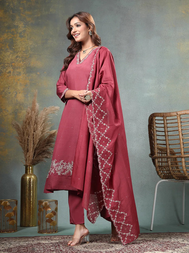 Maroon Zari Work A-Line Roman Silk Kurta Trouser Dupatta Set-Yufta Store-6756SKDMRM