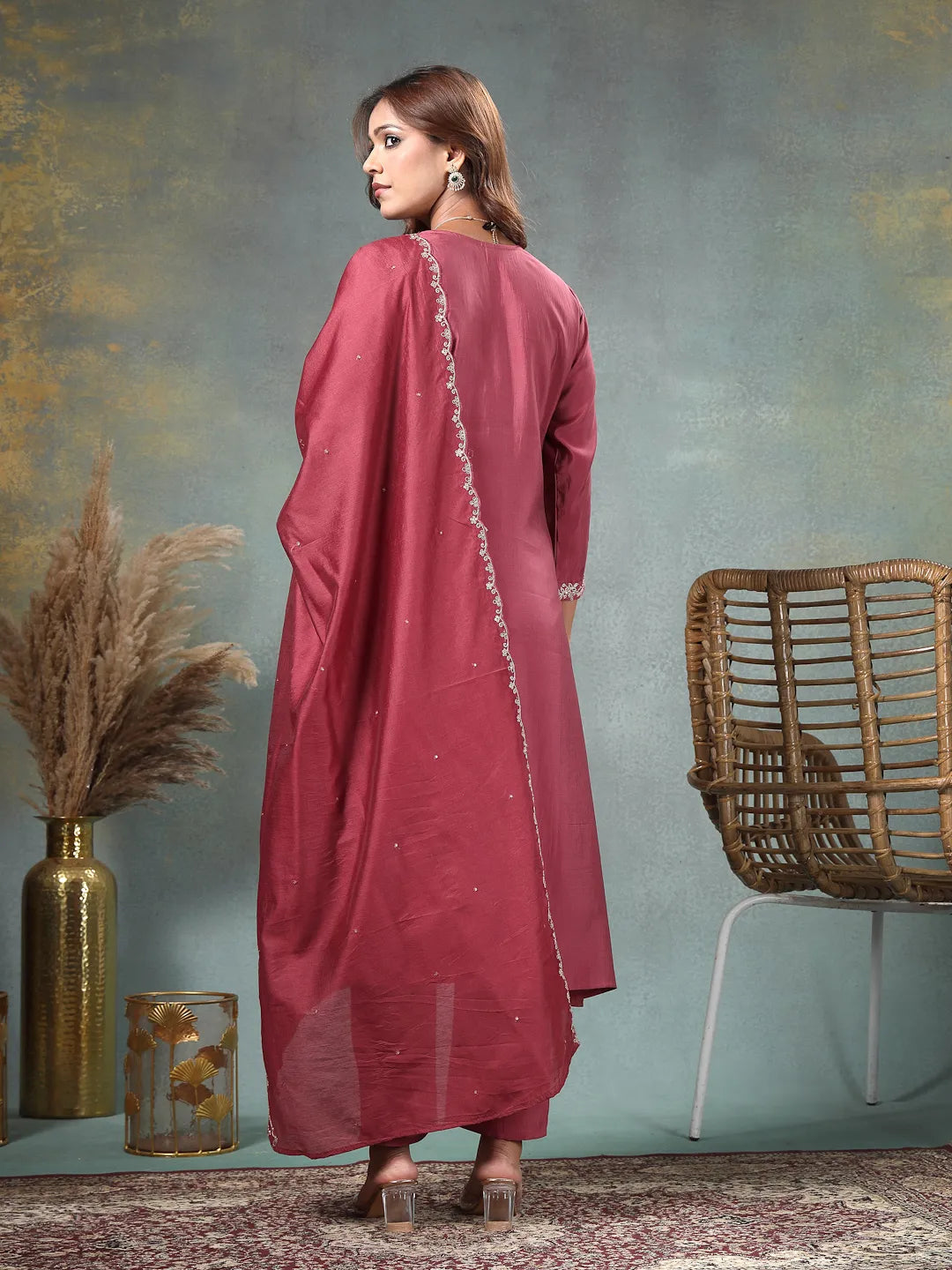 Maroon Zari Work A-Line Roman Silk Kurta Trouser Dupatta Set-Yufta Store-6756SKDMRM