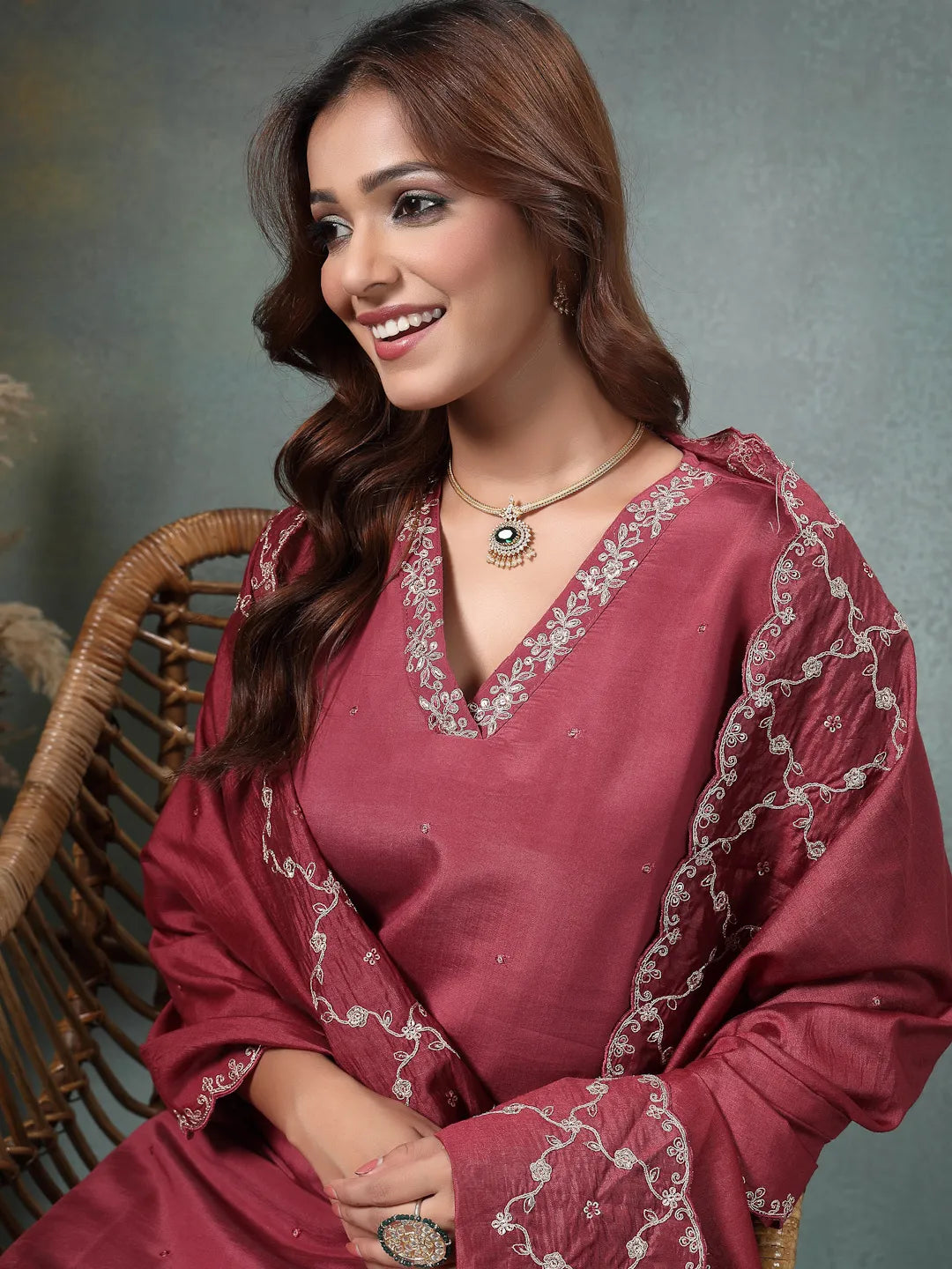 Maroon Zari Work A-Line Roman Silk Kurta Trouser Dupatta Set-Yufta Store-6756SKDMRM