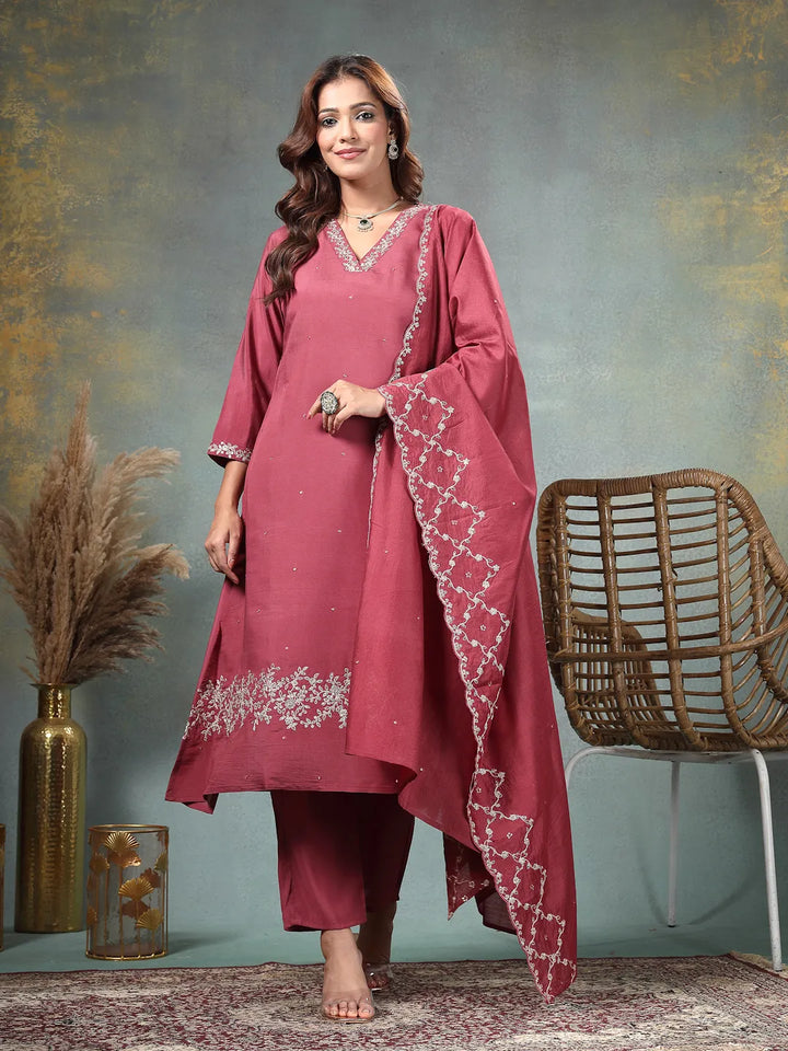 Maroon Zari Work A-Line Roman Silk Kurta Trouser Dupatta Set-Yufta Store-6756SKDMRM
