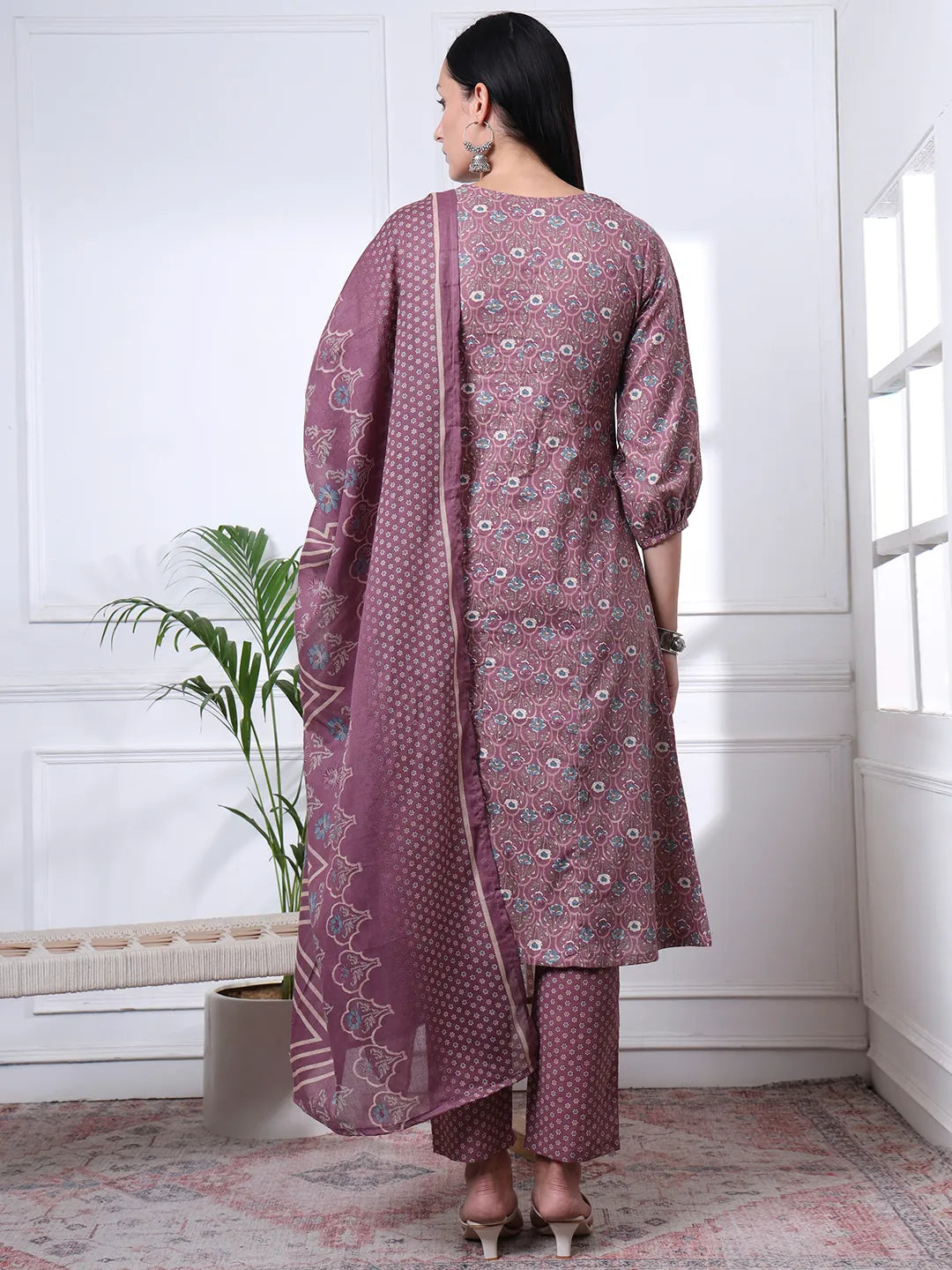 Mauve Ethnic Motifs A-Line Kurta Trouser Dupatta Set-Yufta Store-6073SKDPRM