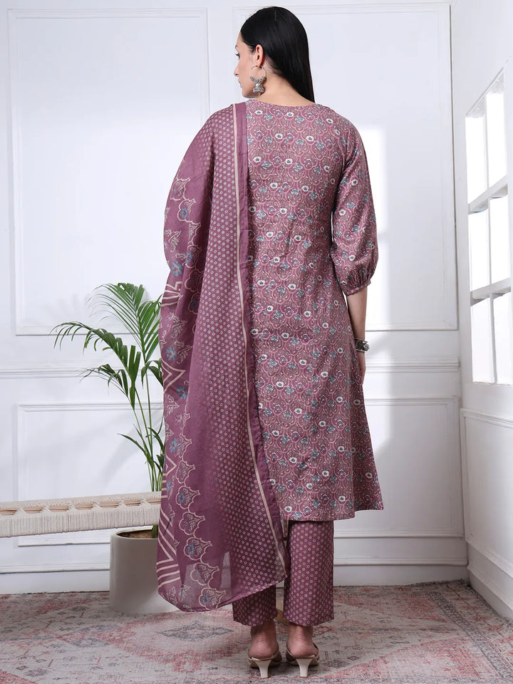 Mauve Ethnic Motifs A-Line Kurta Trouser Dupatta Set-Yufta Store-6073SKDPRM