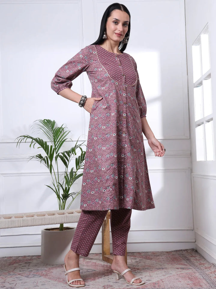 Mauve Ethnic Motifs A-Line Kurta Trouser Dupatta Set-Yufta Store-6073SKDPRM