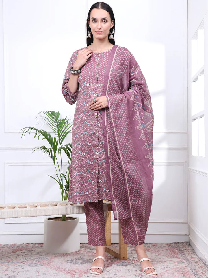 Mauve Ethnic Motifs A-Line Kurta Trouser Dupatta Set-Yufta Store-6073SKDPRM