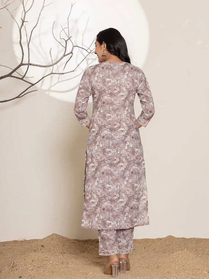 Mauve Floral Print Cotton Straight Kurta And Trouser With Dupatta Set