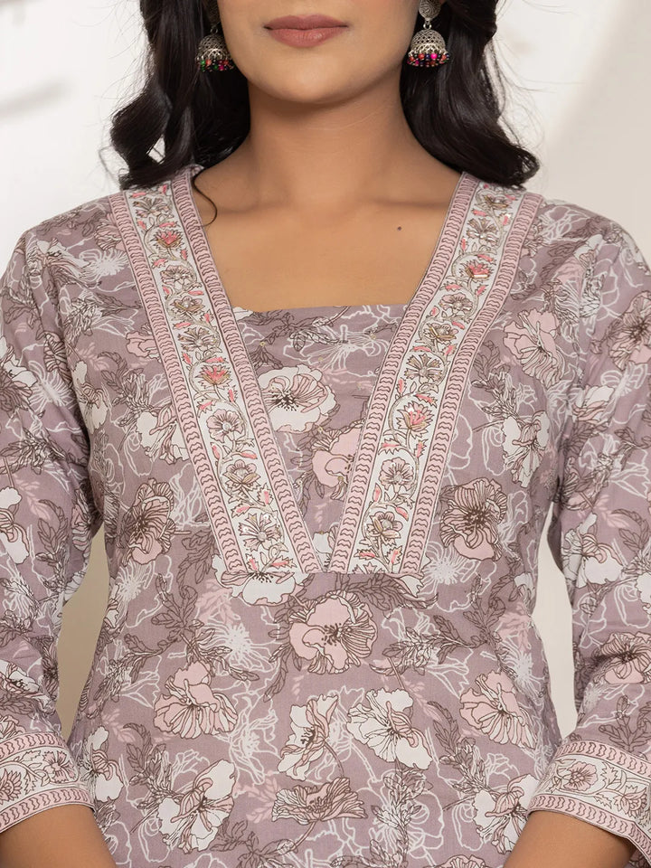 Mauve Floral Print Cotton Straight Kurta And Trouser With Dupatta Set