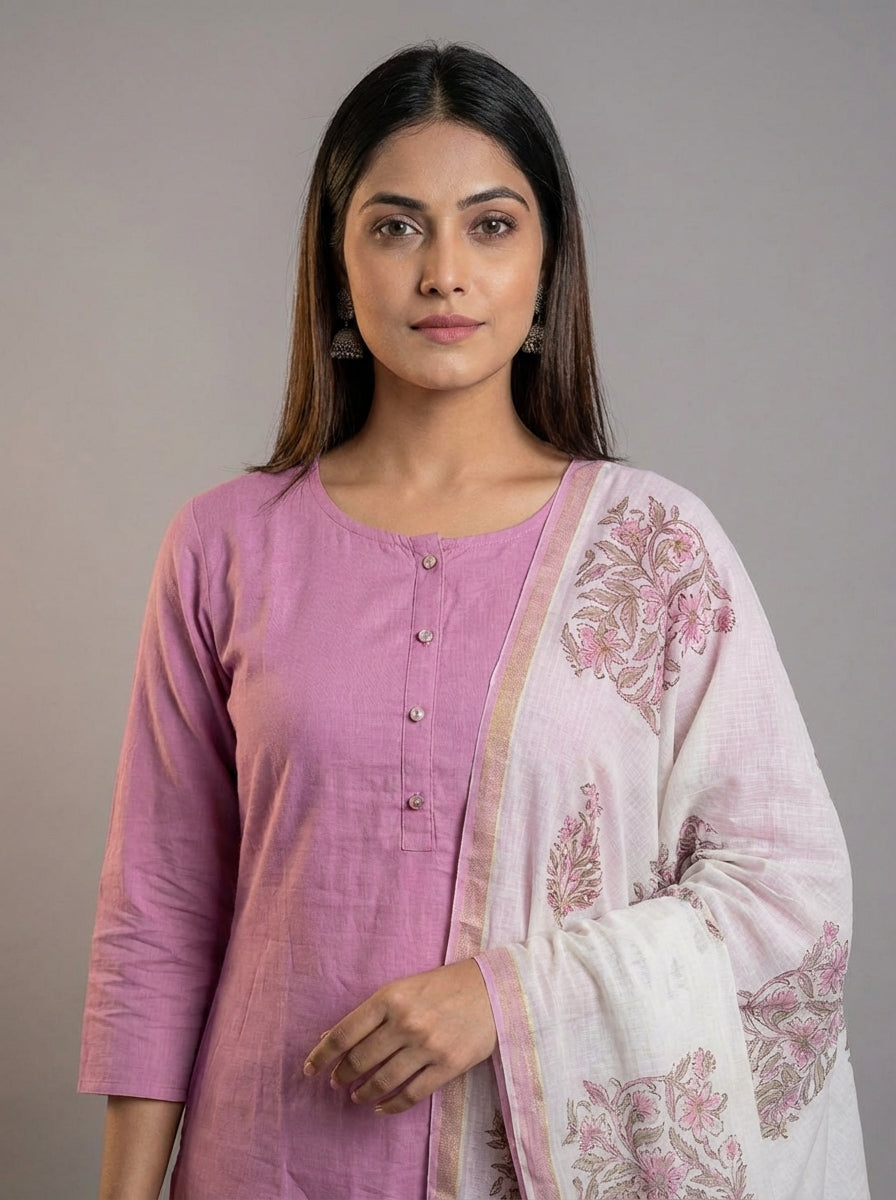 Mauve Silk Blend Straight Kurta Pant With Handblock Print Kota Doriya Dupatta Set