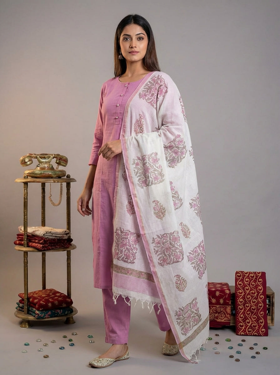 Mauve Silk Blend Straight Kurta Pant With Handblock Print Kota Doriya Dupatta Set