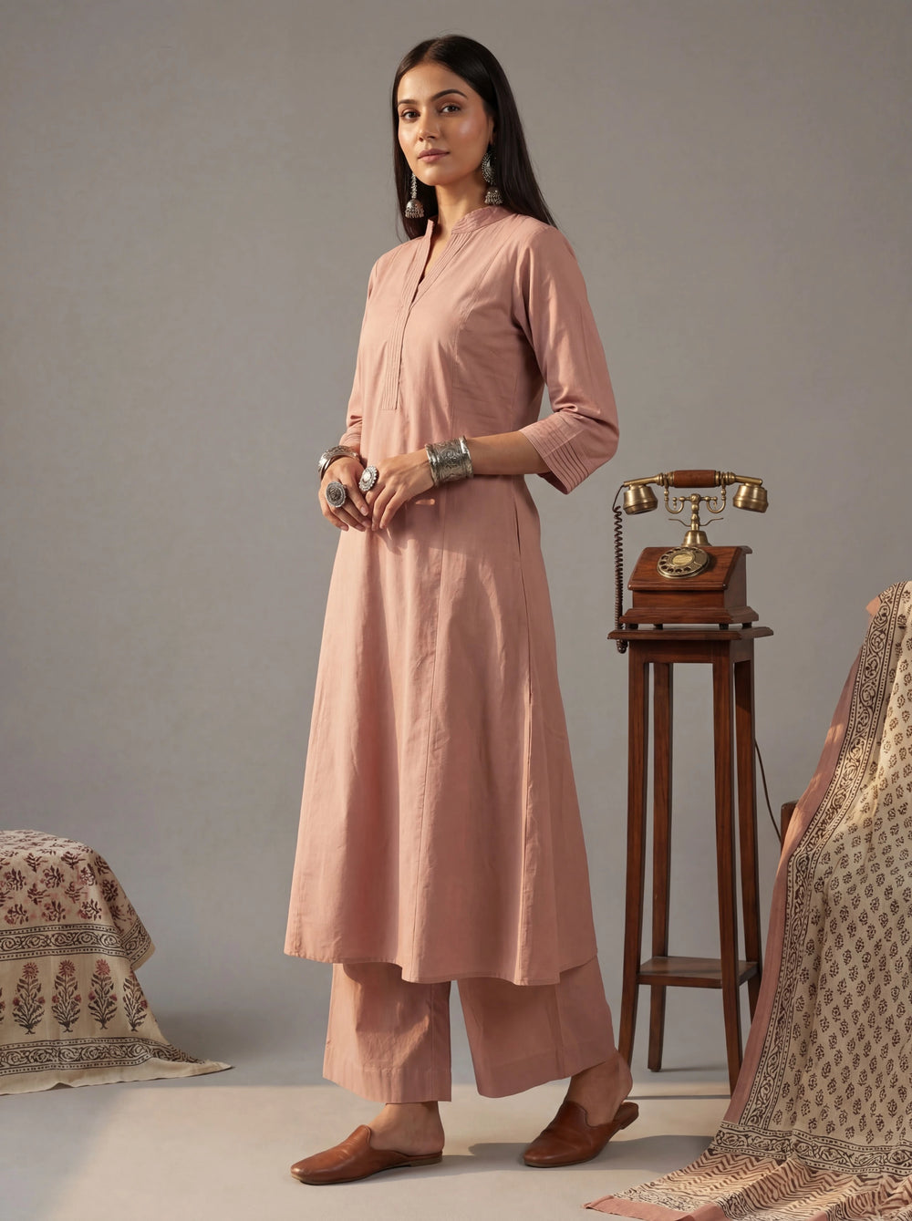 Mauve Solid A-Line Design Features Pintuck Pleats Kurta Palazzo Set-Yufta Store-7662SETPRM