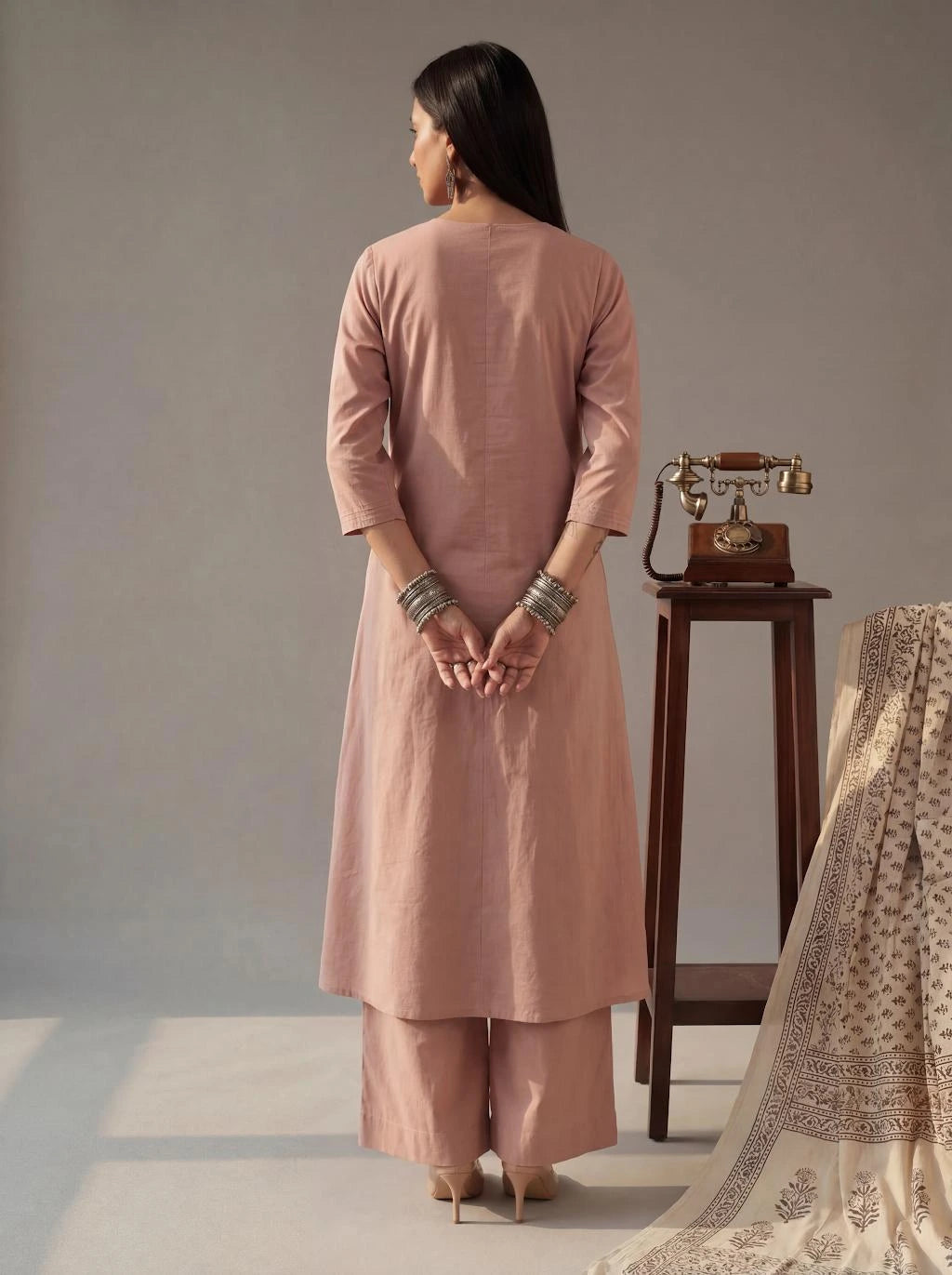 Mauve Solid A-Line Design Features Pintuck Pleats Kurta Palazzo Set-Yufta Store-7662SETPRM