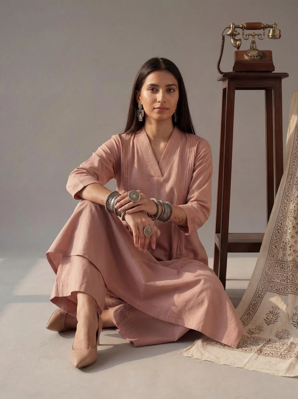 Mauve Solid A-Line Design Features Pintuck Pleats Kurta Palazzo Set-Yufta Store-7662SETPRM