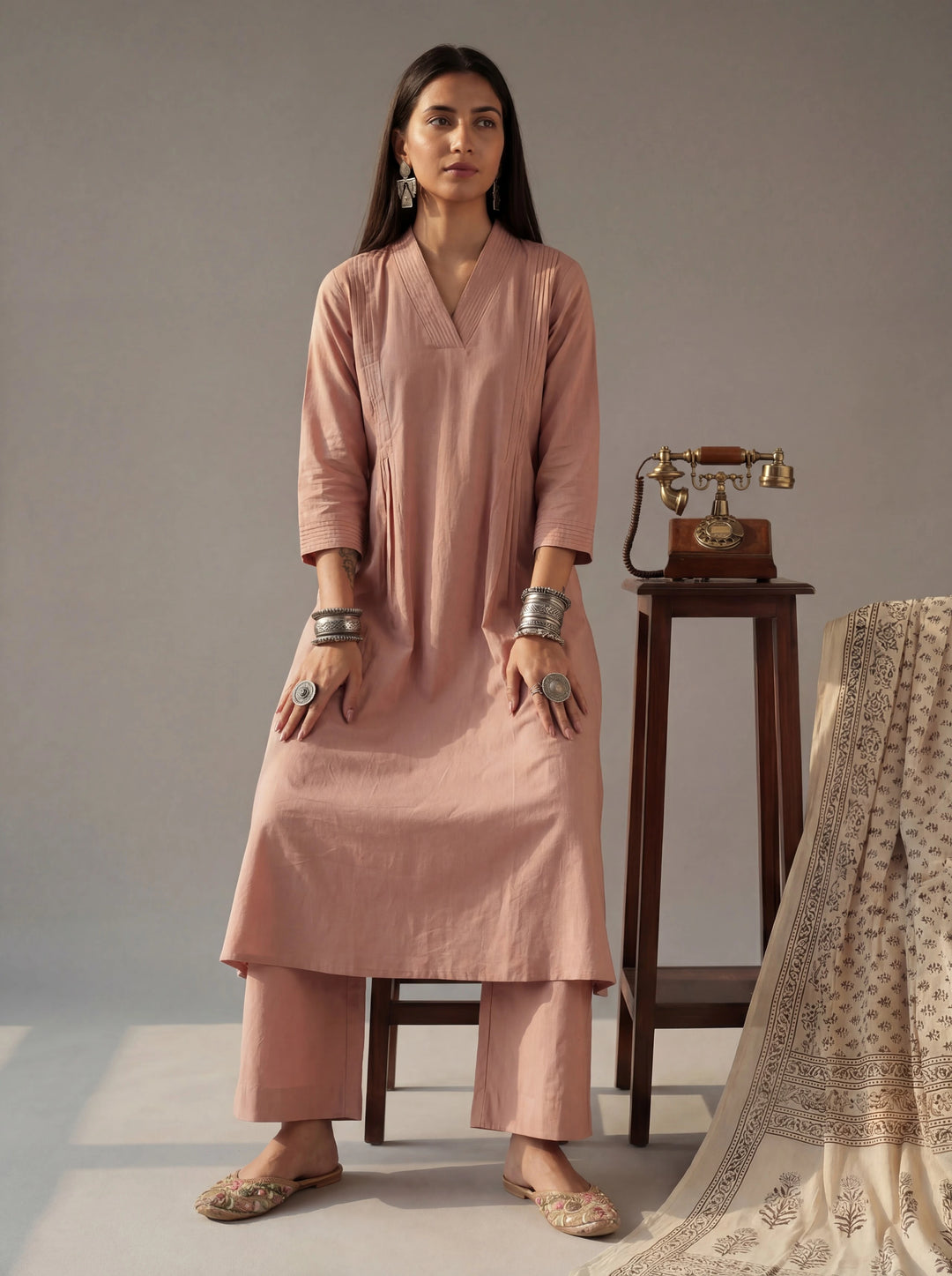Mauve Solid A-Line Design Features Pintuck Pleats Kurta Palazzo Set-Yufta Store-7662SETPRM