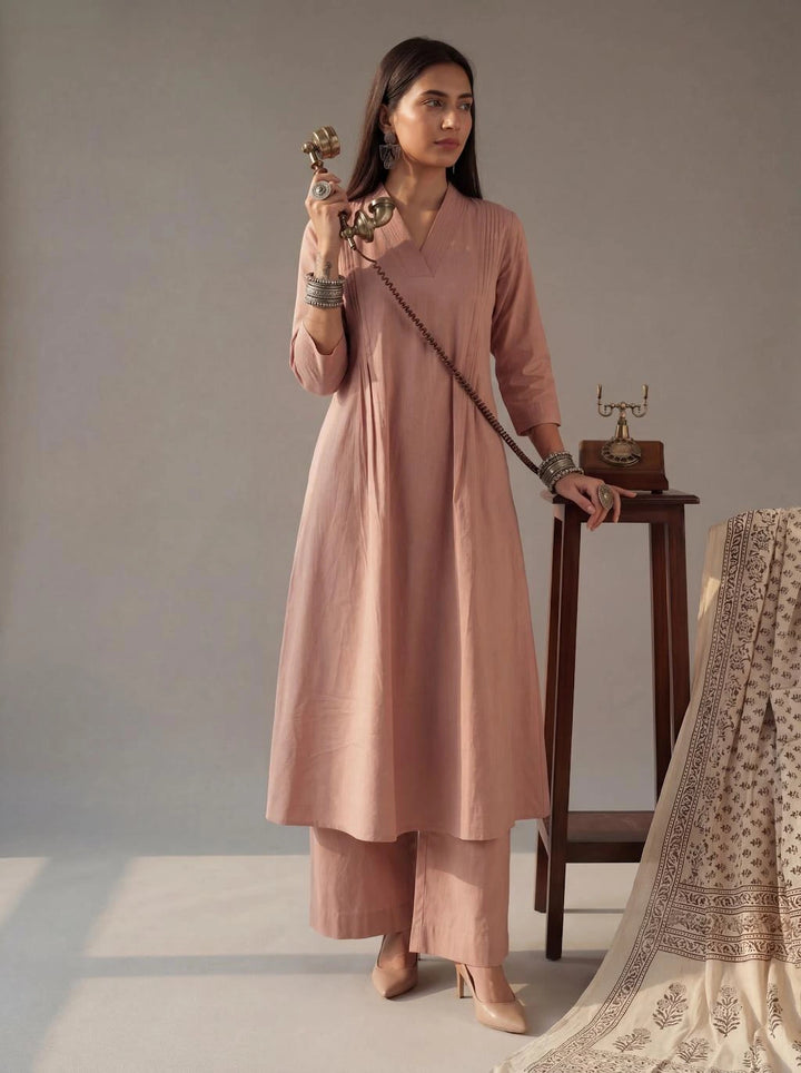 Mauve Solid A-Line Design Features Pintuck Pleats Kurta Palazzo Set-Yufta Store-7662SETPRM