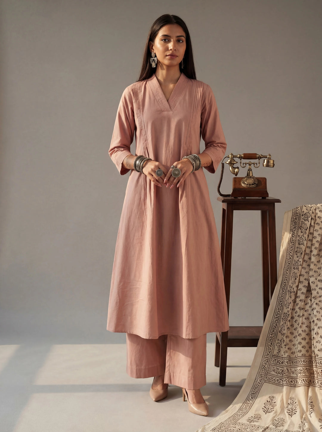 Mauve Solid A-Line Design Features Pintuck Pleats Kurta Palazzo Set-Yufta Store-7662SETPRM
