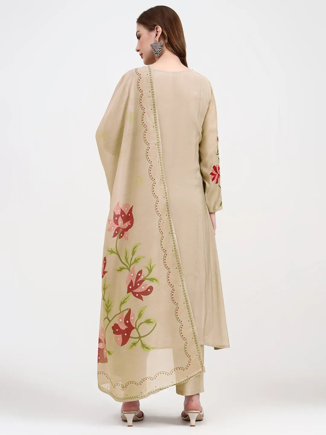 Mul Chanderi Beige Kurta Dupatta Pant Set