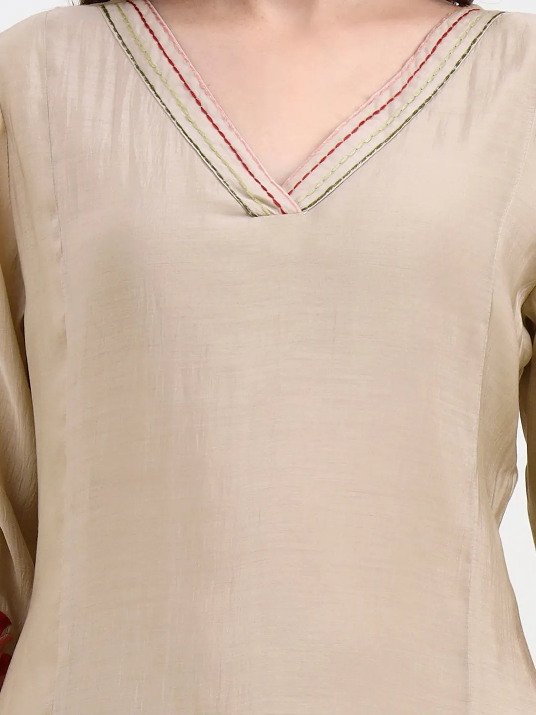 Mul Chanderi Beige Kurta Dupatta Pant Set