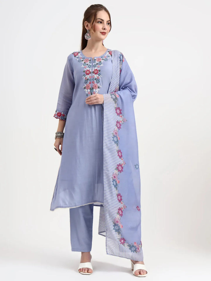Mul Chanderi Blue Kurta Dupatta Pant Set