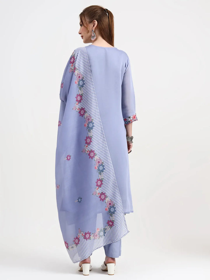 Mul Chanderi Blue Kurta Dupatta Pant Set