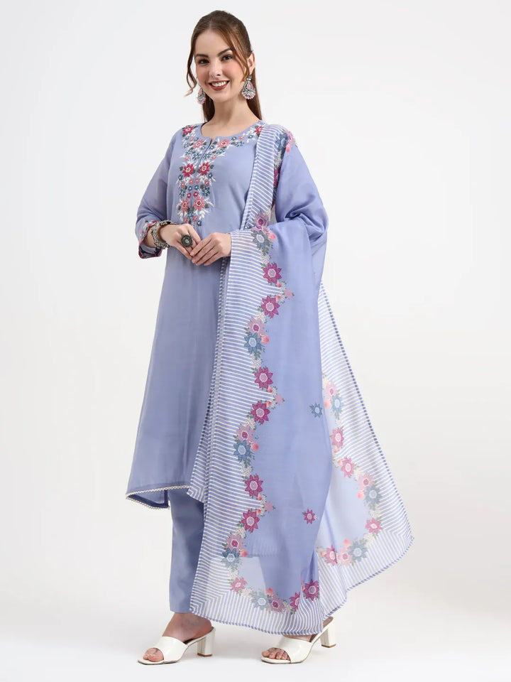 Mul Chanderi Blue Kurta Dupatta Pant Set