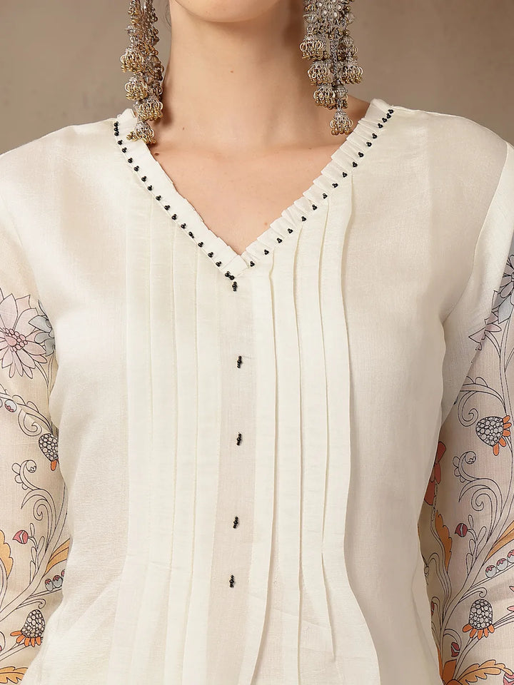 Mul Chanderi Cream Kurta Dupatt Pant Set