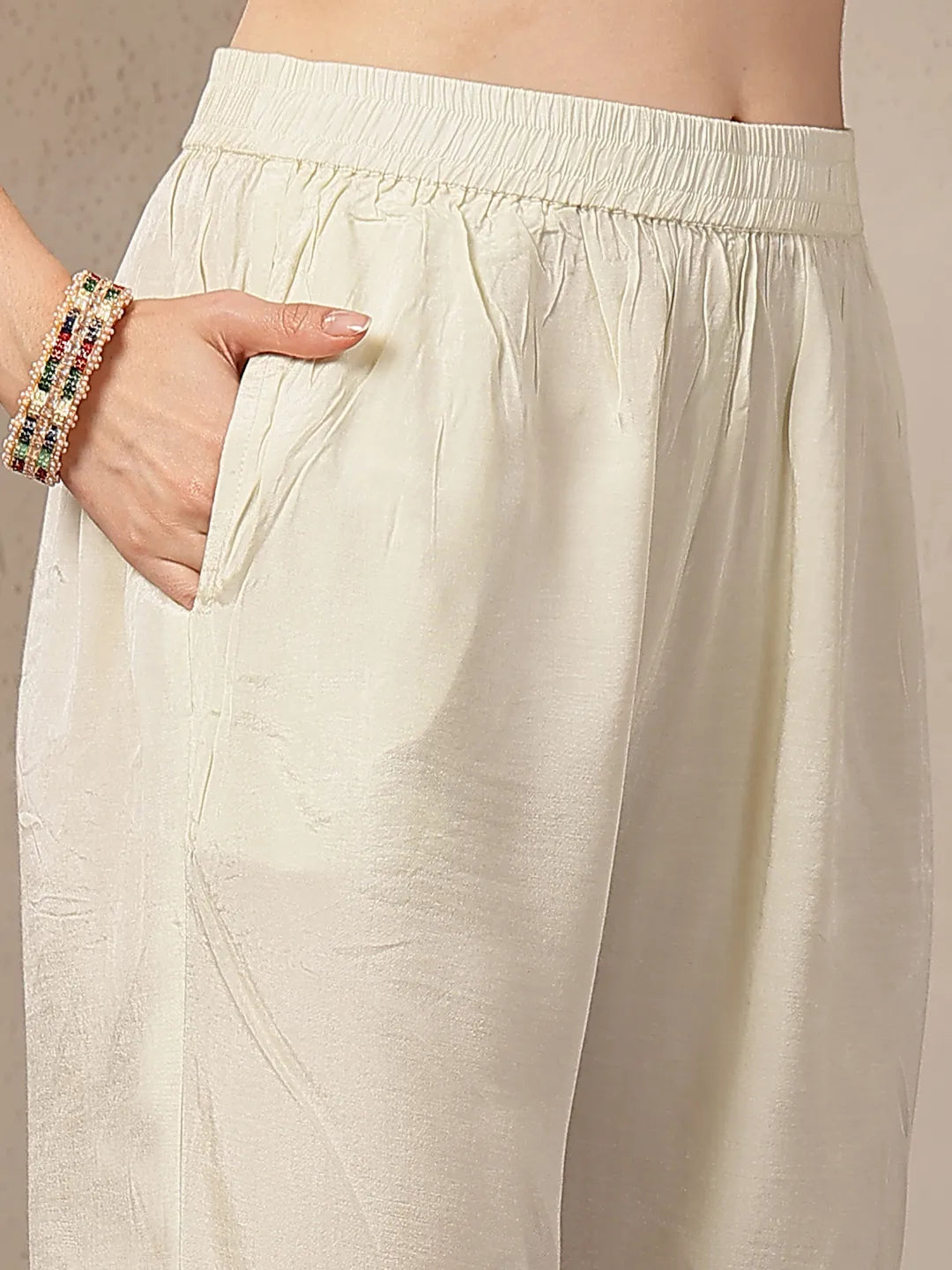 Mul Chanderi Cream Kurta Dupatt Pant Set