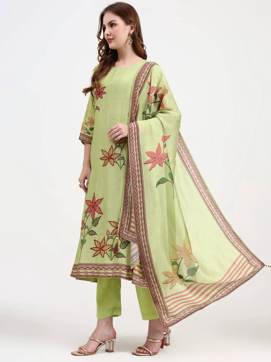 Mul Chanderi Green Kurta Dupatta Pant Set