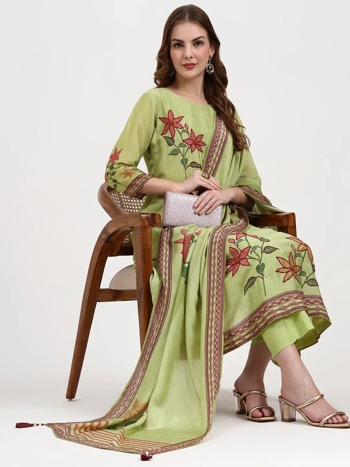 Mul Chanderi Green Kurta Dupatta Pant Set