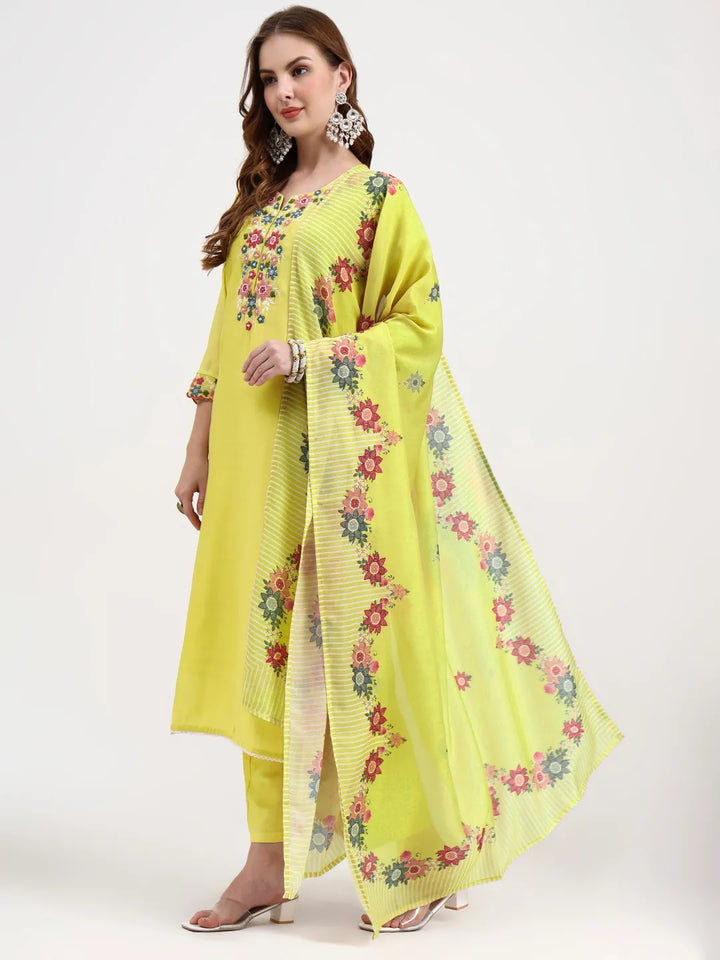 Mul Chanderi Lemon Yellow Kurta Dupatta Pant Set