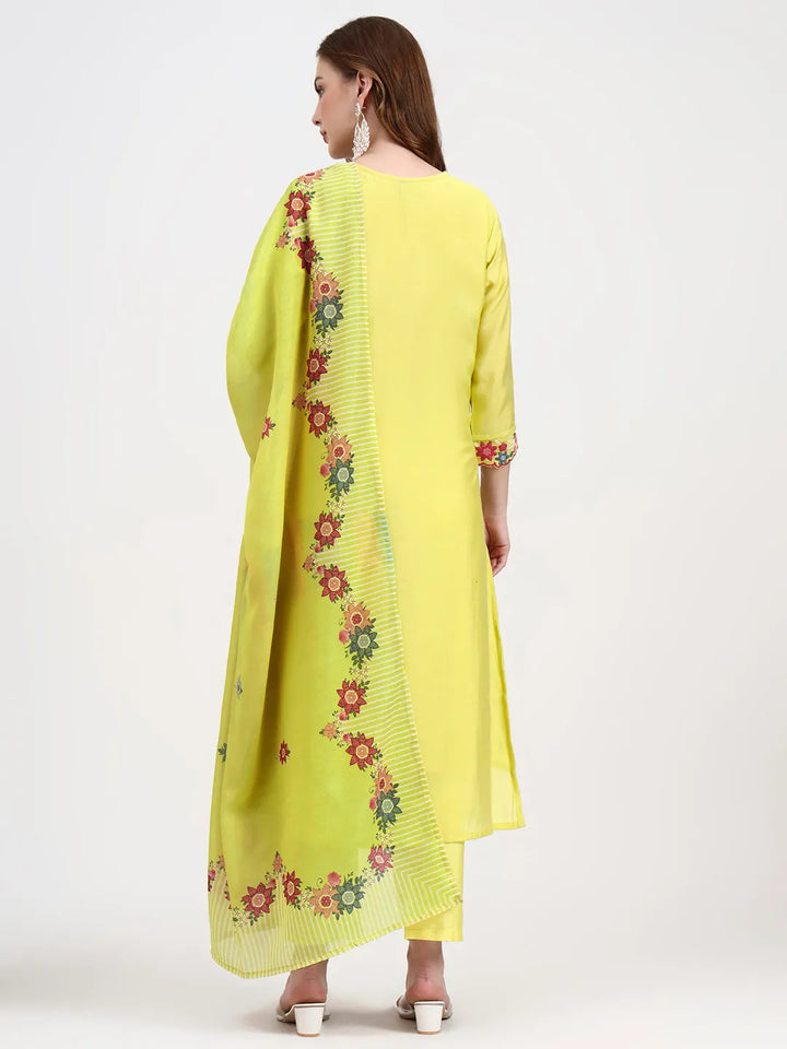 Mul Chanderi Lemon Yellow Kurta Dupatta Pant Set