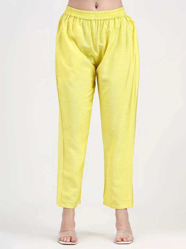 Mul Chanderi Lemon Yellow Kurta Dupatta Pant Set