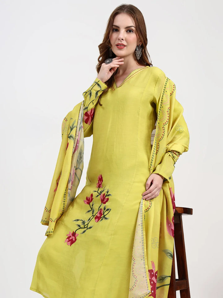 Mul Chanderi Lemon Yellow Kurta Dupatta Pant Set