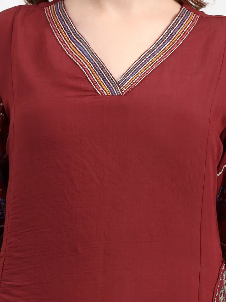 Mul Chanderi Maroon Kurta Dupatt Pant Set