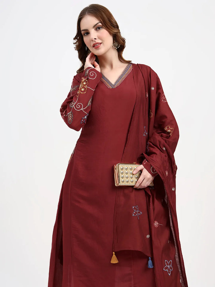Mul Chanderi Maroon Kurta Dupatt Pant Set