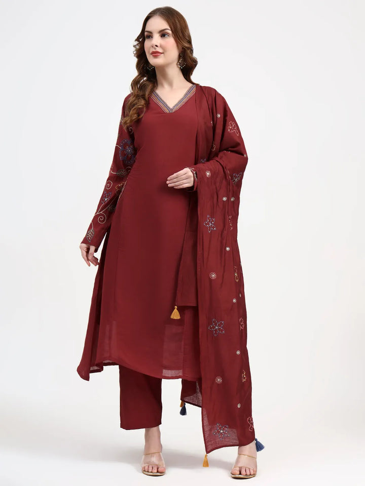 Mul Chanderi Maroon Kurta Dupatt Pant Set