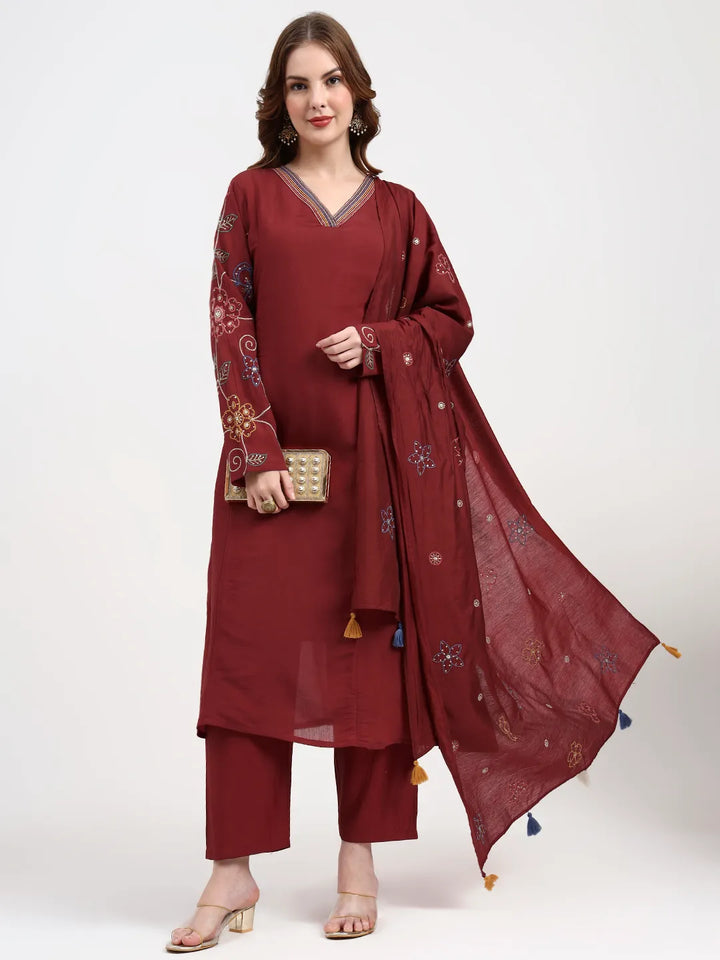 Mul Chanderi Maroon Kurta Dupatt Pant Set
