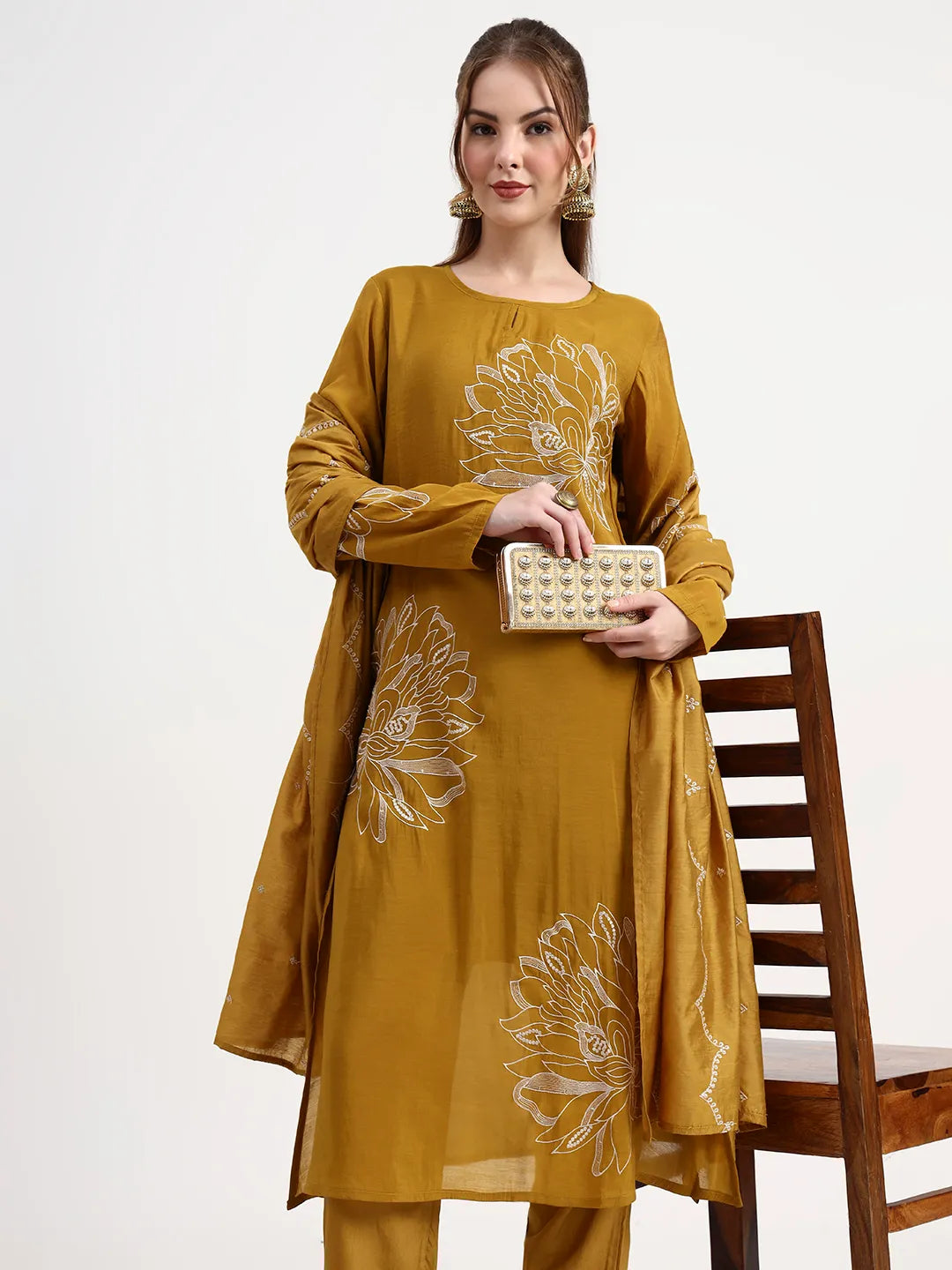 Mul Chanderi Mustard Kurta Dupatta Pant Set