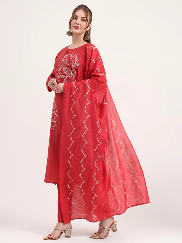 Mul Chanderi Red Kurta Dupatta Pant Set