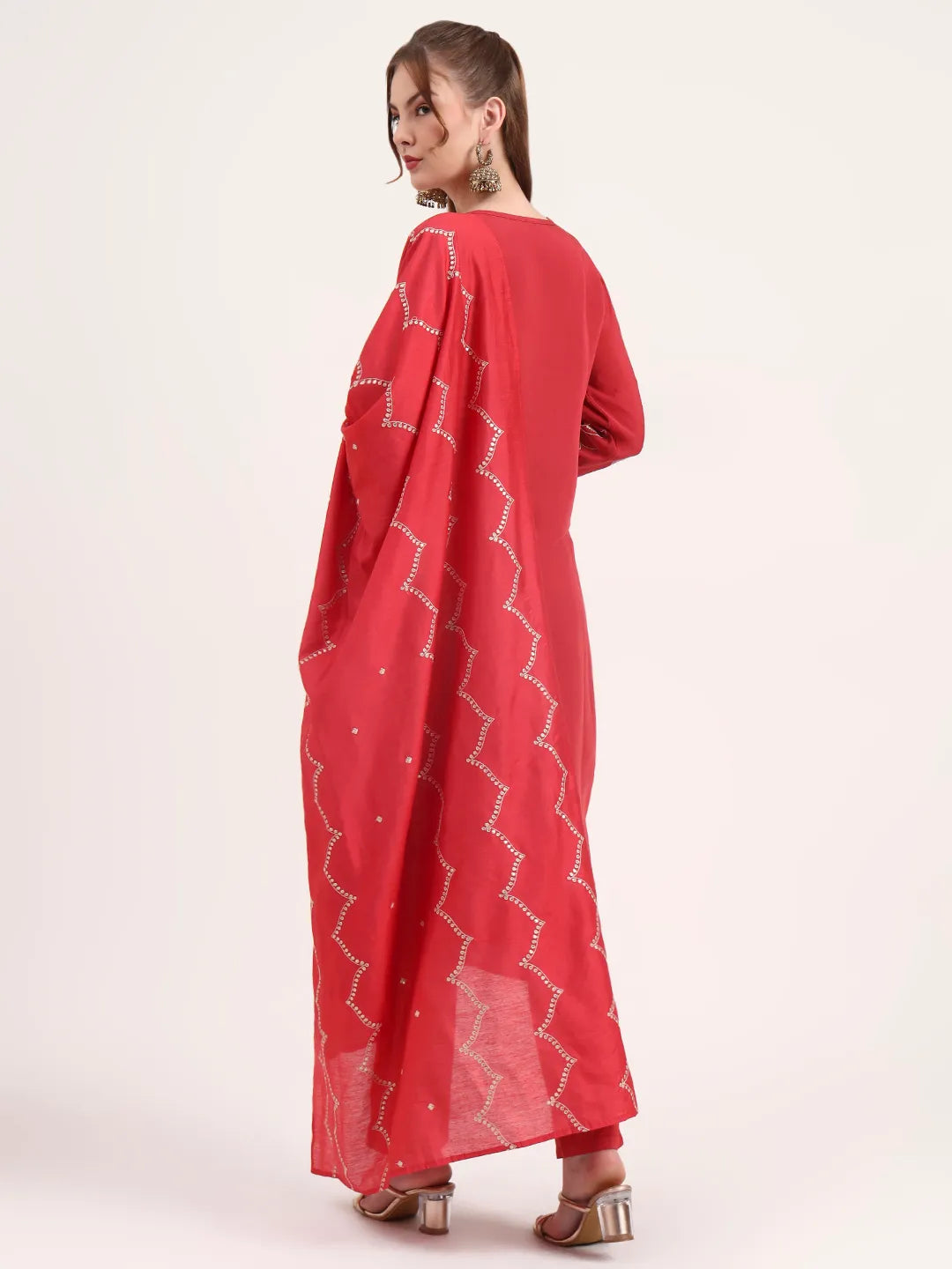 Mul Chanderi Red Kurta Dupatta Pant Set