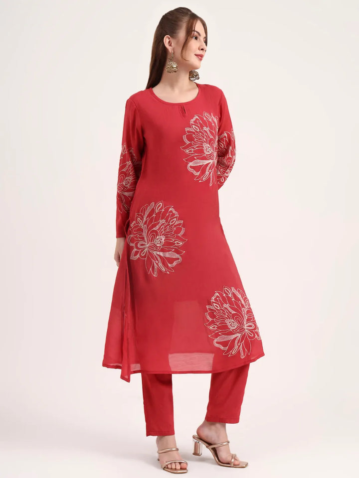 Mul Chanderi Red Kurta Dupatta Pant Set