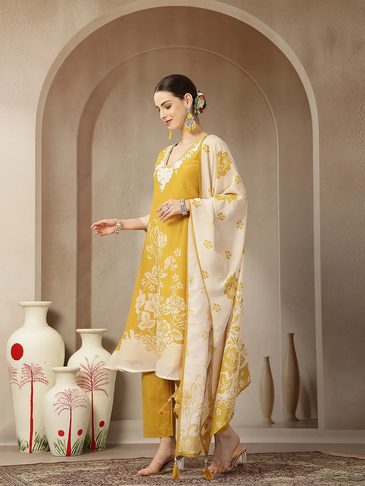 Mul Chanderi Yellow Kurta Dupatta Pant Set