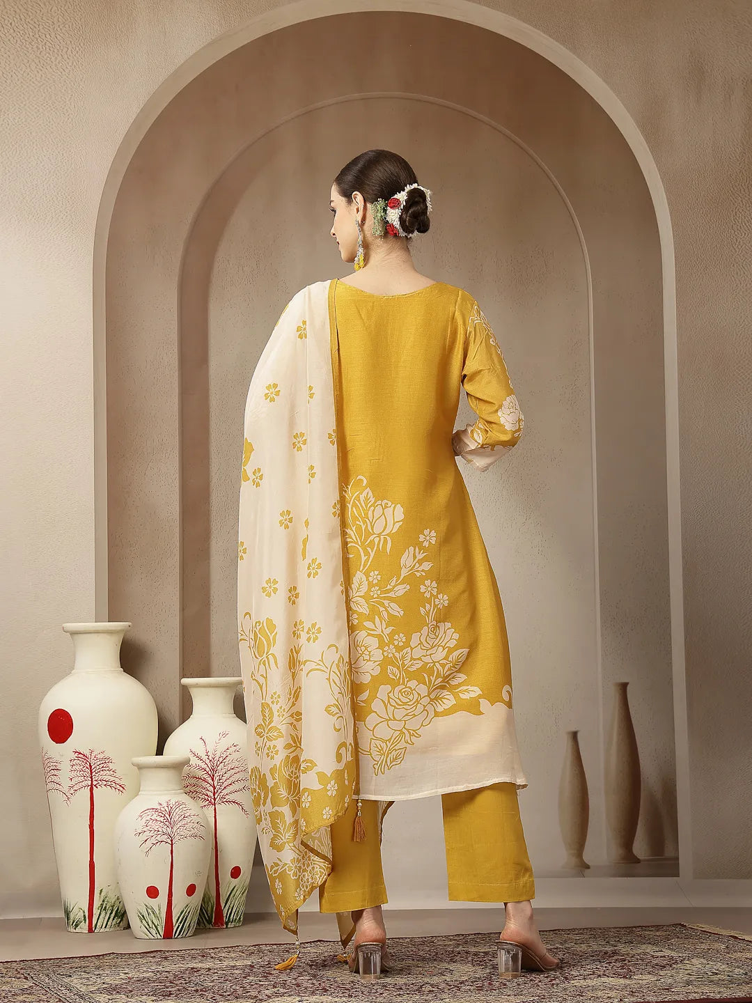 Mul Chanderi Yellow Kurta Dupatta Pant Set