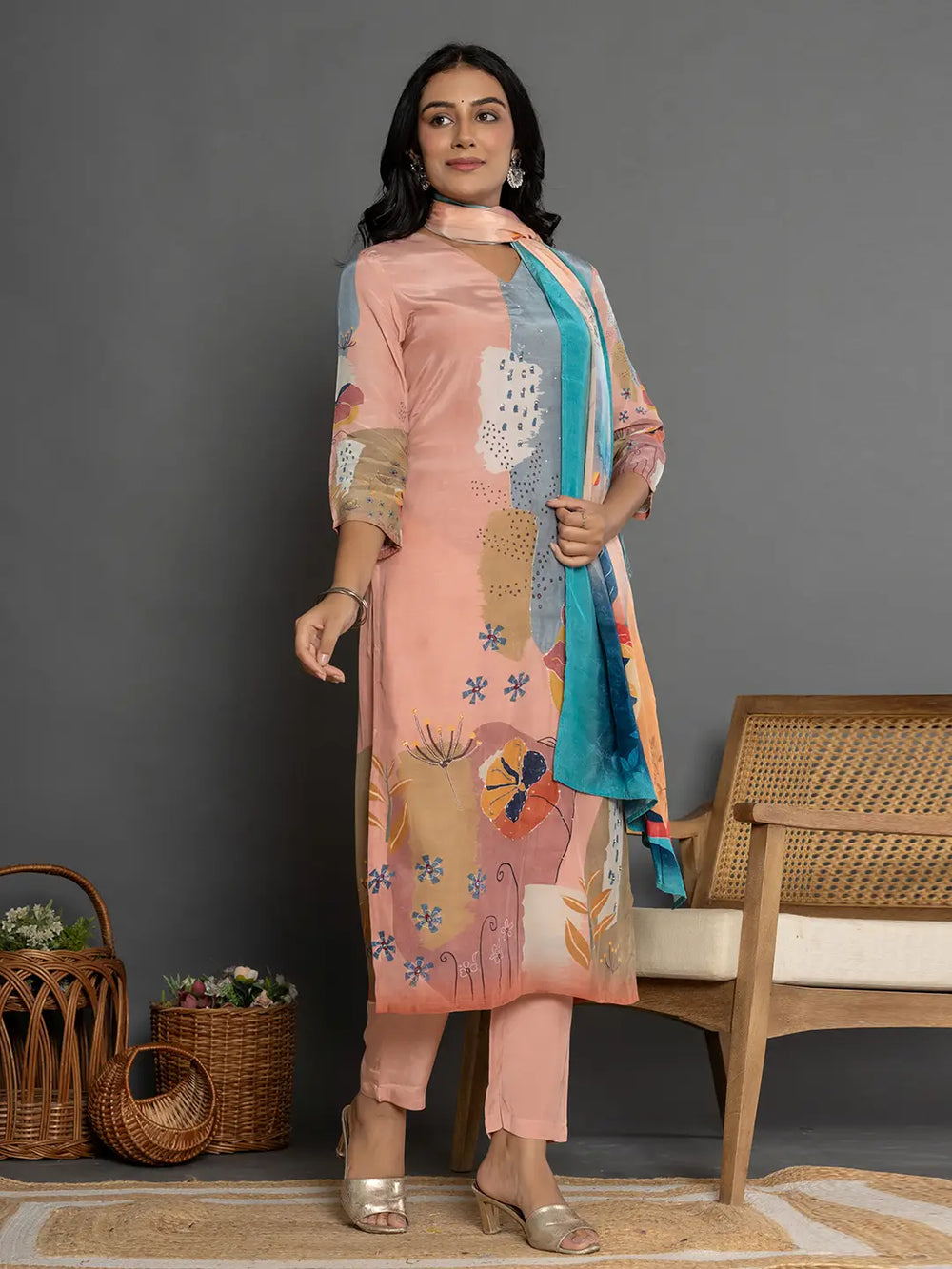 Multi Pure Crepe Placement Print Kurta Dupatta Set-Yufta Store-7079SKDMTS